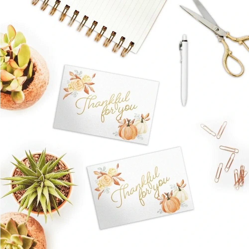 Set of 50 “Thankful for You” 4x6 Thank You Cards Fall Pumpkin Design Orange